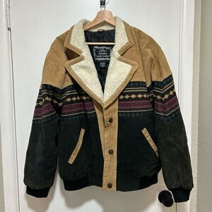 Men's Casual Outfitters XL Suede Shearling-Trim Jacket in Tan & Black